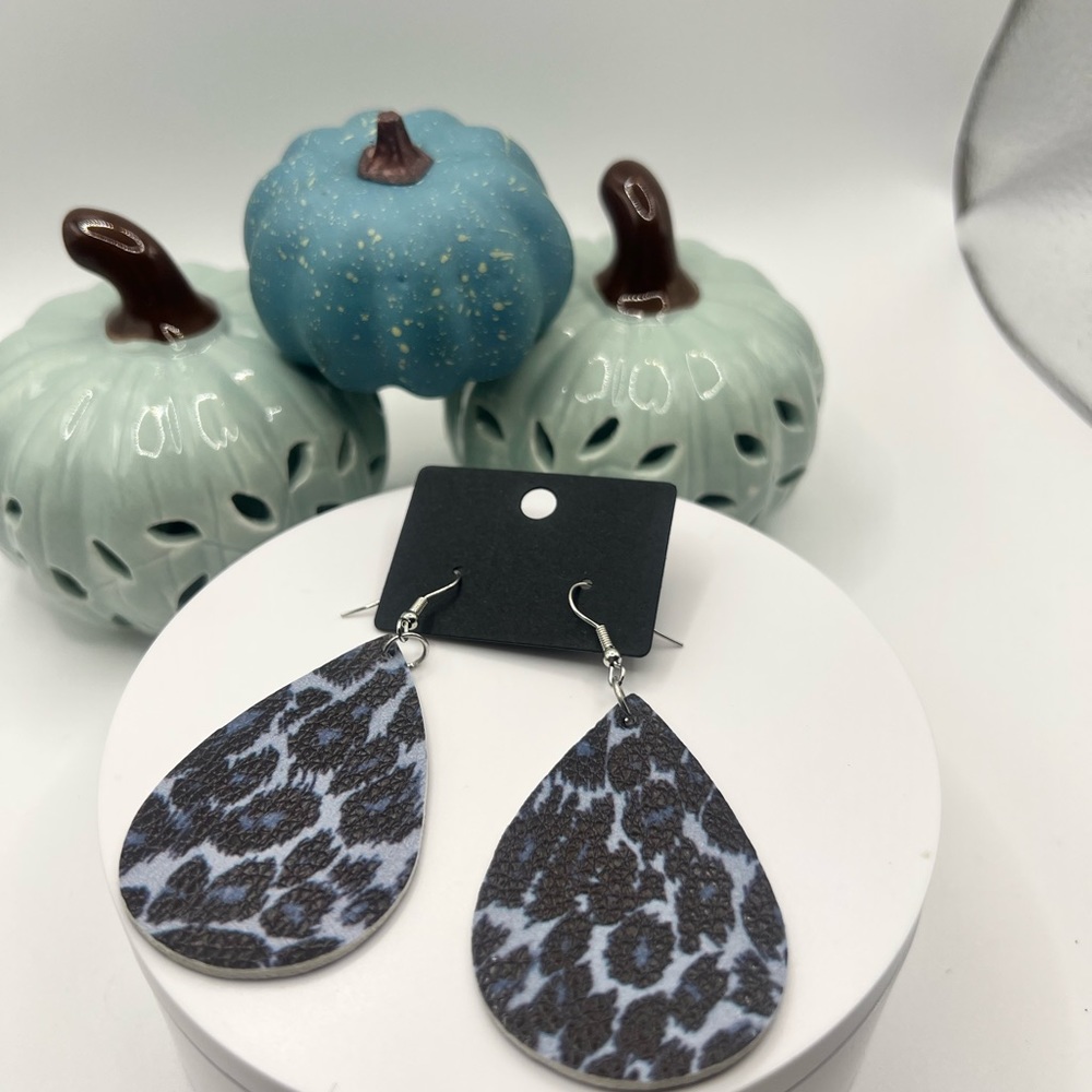 Blue Leopard Print Faux Leather Earrings NEW